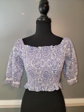 Lilbelle Smocked Off-Shoulder Crop Top - Navy Paisley